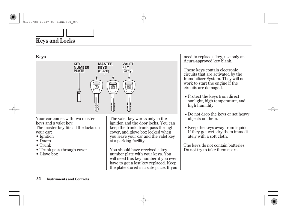 Keys and locks | Acura 2002 RL - Owner's Manual User Manual | Page 77 / 343