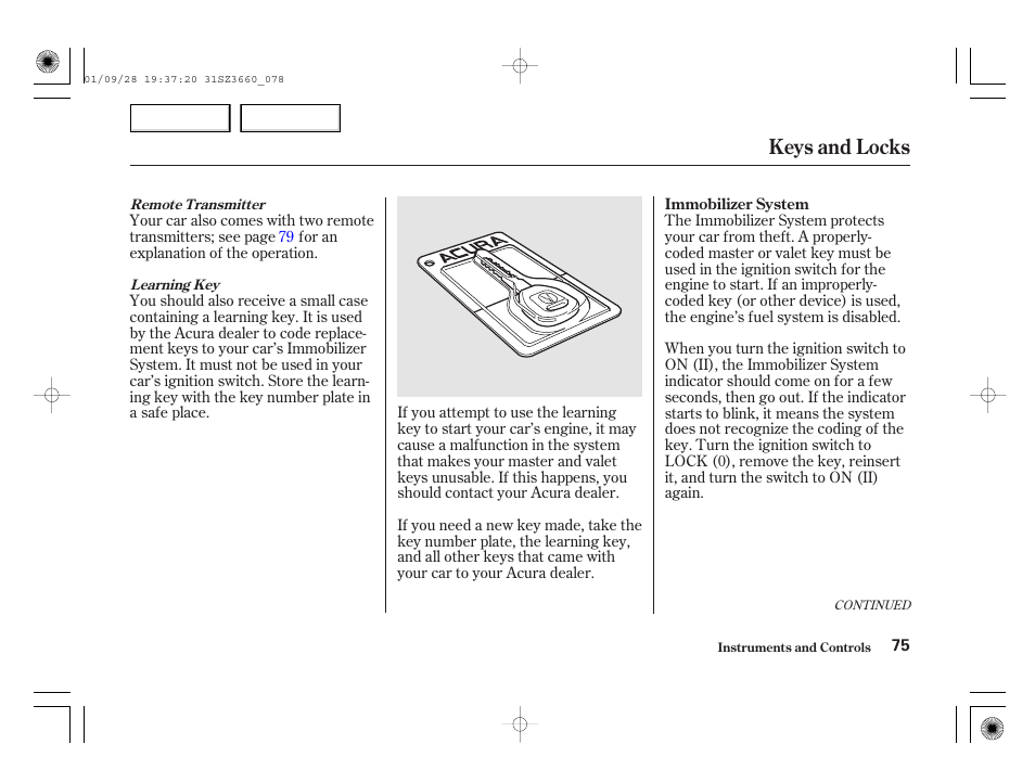 Keys and locks | Acura 2002 RL - Owner's Manual User Manual | Page 78 / 343