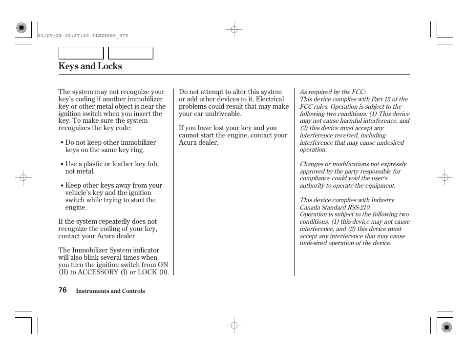 Keys and locks | Acura 2002 RL - Owner's Manual User Manual | Page 79 / 343