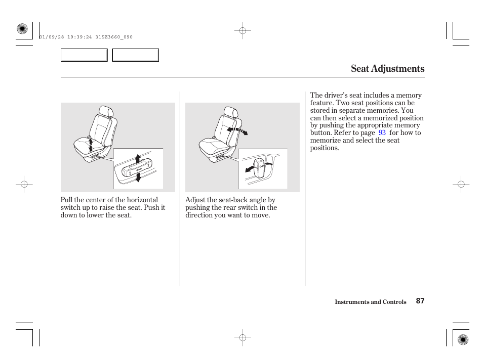 Seat adjustments | Acura 2002 RL - Owner's Manual User Manual | Page 90 / 343