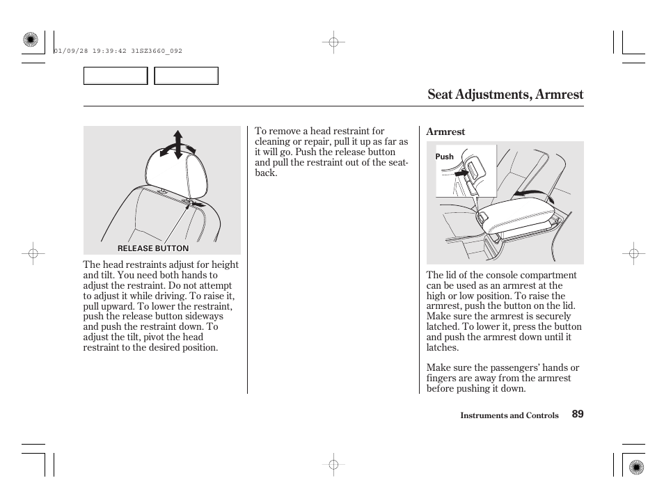 Seat adjustments, armrest | Acura 2002 RL - Owner's Manual User Manual | Page 92 / 343