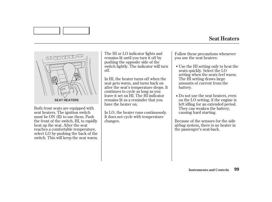 Seat heaters | Acura 2002 TL - Owner's Manual User Manual | Page 102 / 339