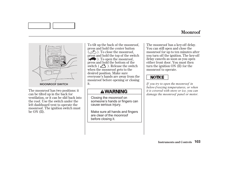 Moonroof | Acura 2002 TL - Owner's Manual User Manual | Page 106 / 339