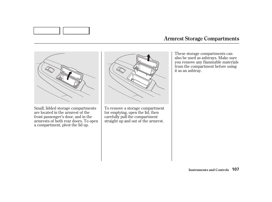 Armrest storage compartments | Acura 2002 TL - Owner's Manual User Manual | Page 110 / 339