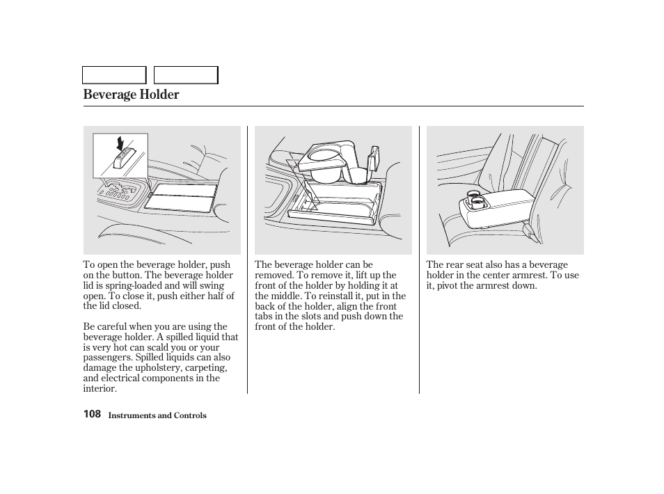 Beverage holder | Acura 2002 TL - Owner's Manual User Manual | Page 111 / 339