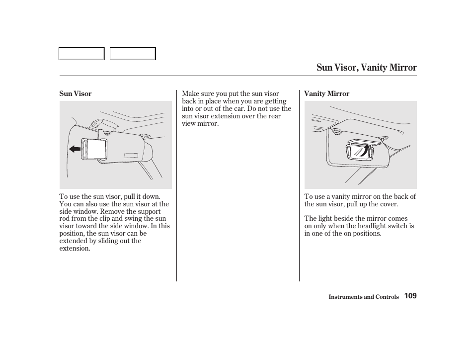 Sun visor, vanity mirror | Acura 2002 TL - Owner's Manual User Manual | Page 112 / 339