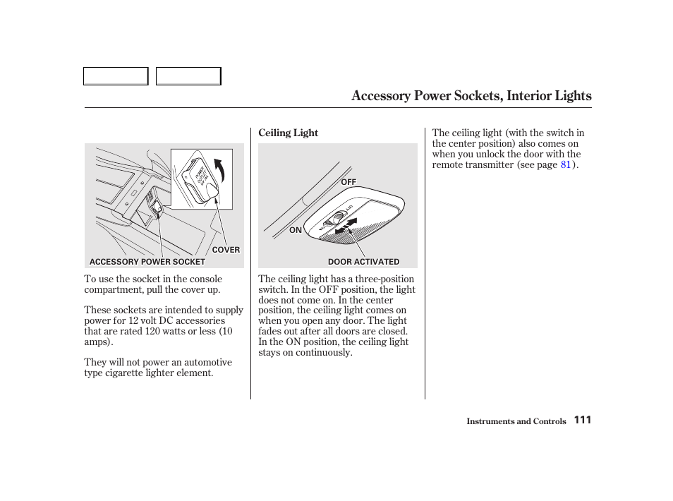 Accessory power sockets, interior lights | Acura 2002 TL - Owner's Manual User Manual | Page 114 / 339