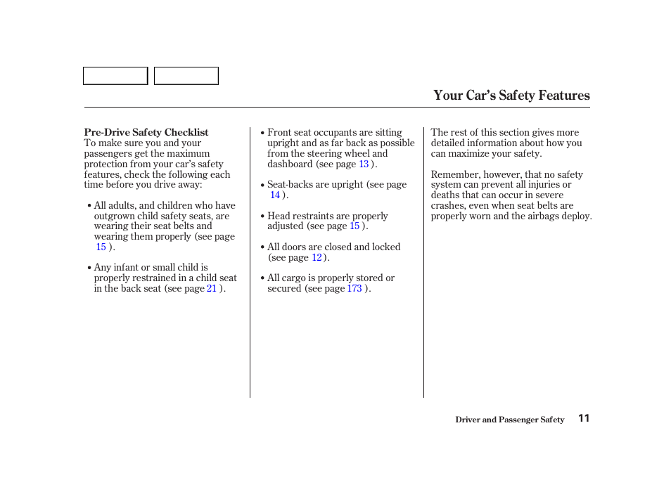 Your car’s safety features | Acura 2002 TL - Owner's Manual User Manual | Page 14 / 339
