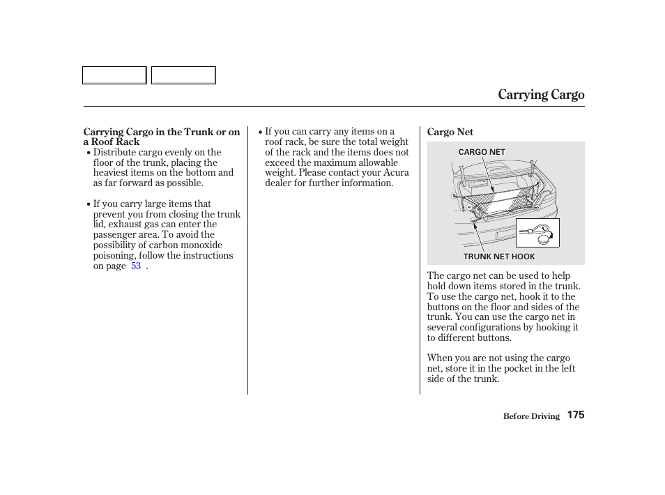 Carrying cargo | Acura 2002 TL - Owner's Manual User Manual | Page 178 / 339