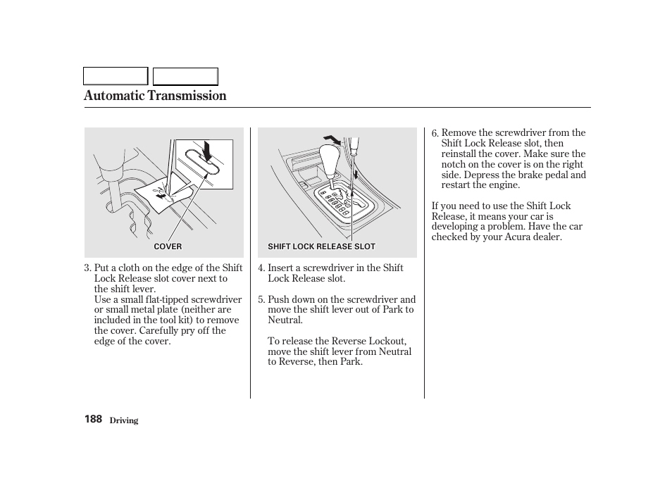 Automatic transmission | Acura 2002 TL - Owner's Manual User Manual | Page 191 / 339