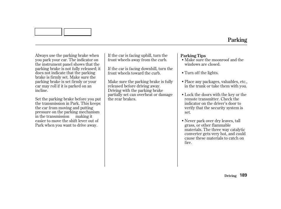 Parking | Acura 2002 TL - Owner's Manual User Manual | Page 192 / 339