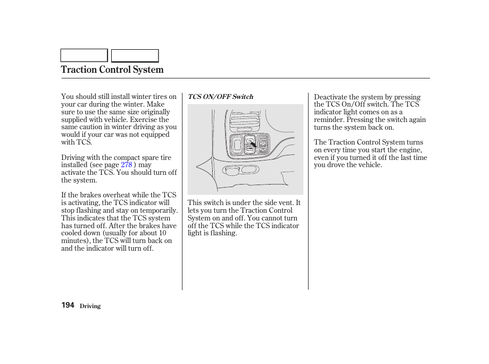 Traction control system | Acura 2002 TL - Owner's Manual User Manual | Page 197 / 339