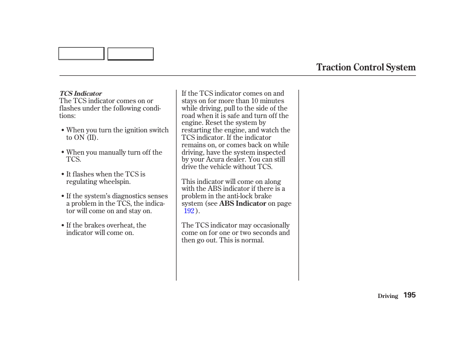 Traction control system | Acura 2002 TL - Owner's Manual User Manual | Page 198 / 339