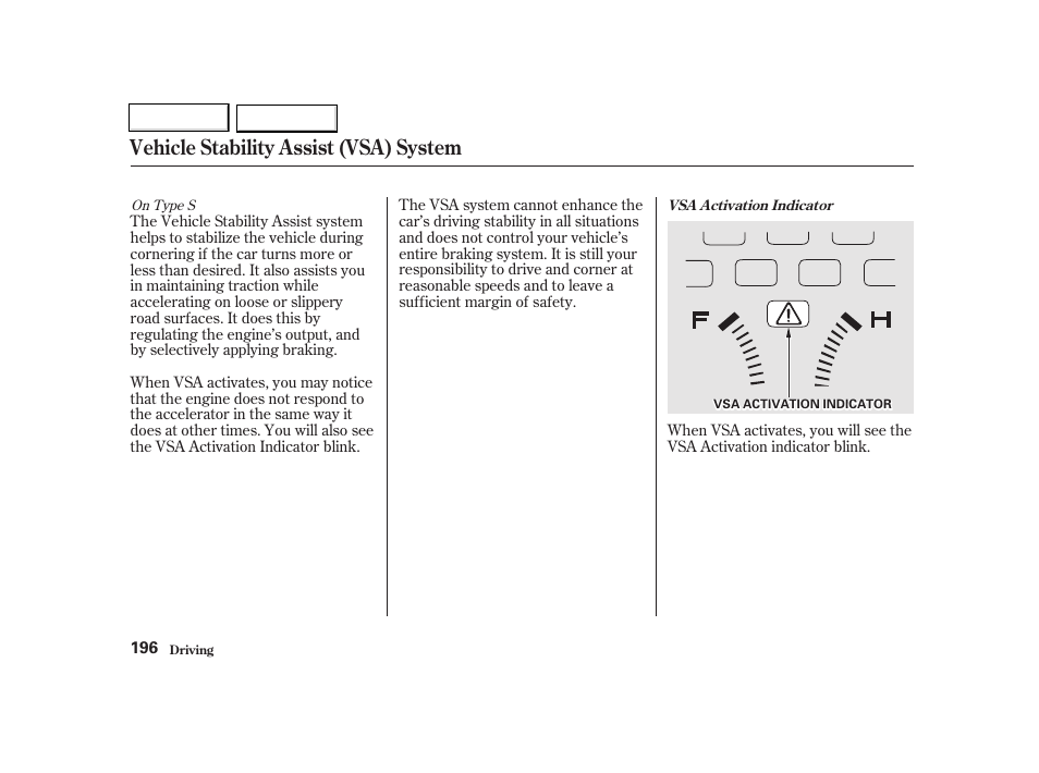 Vehicle stability assist (vsa) system | Acura 2002 TL - Owner's Manual User Manual | Page 199 / 339