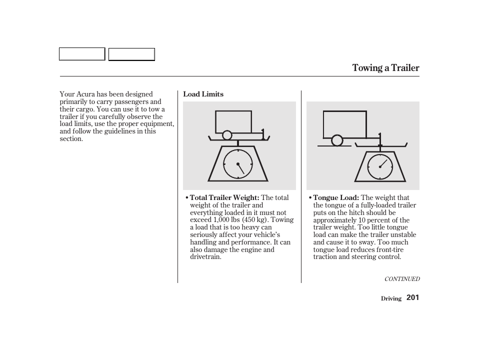 Towing a trailer | Acura 2002 TL - Owner's Manual User Manual | Page 204 / 339
