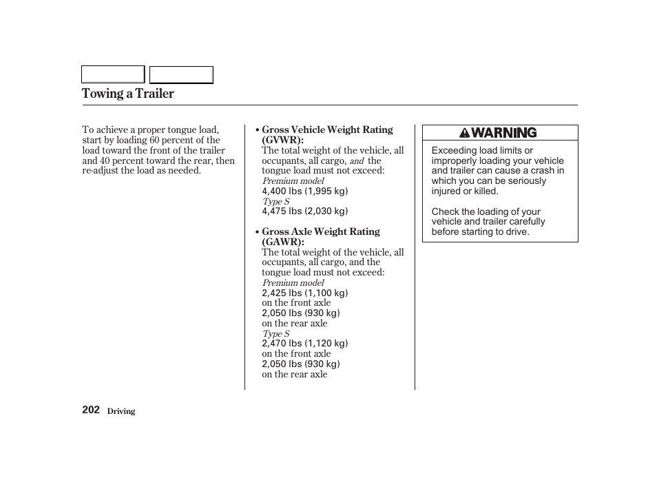 Towing a trailer | Acura 2002 TL - Owner's Manual User Manual | Page 205 / 339