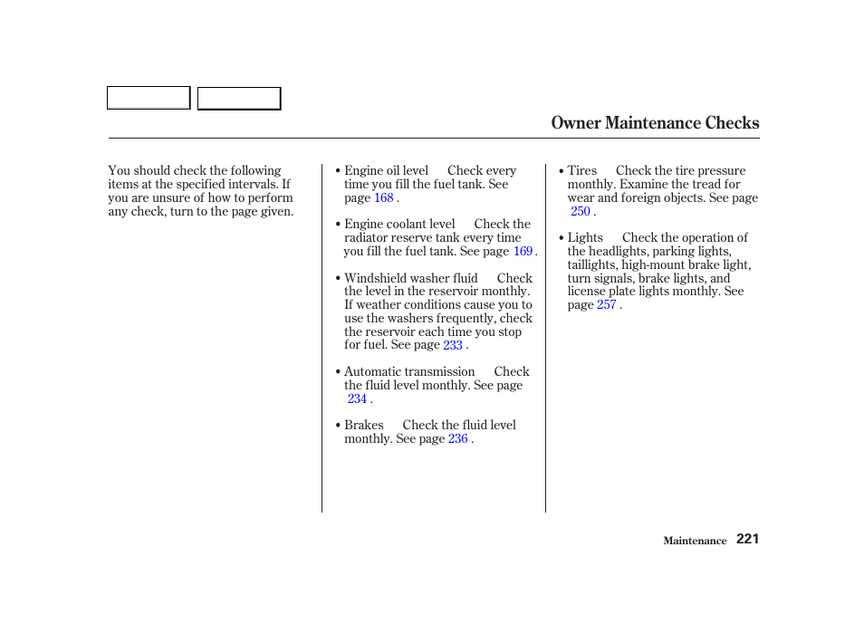 Owner maintenance checks | Acura 2002 TL - Owner's Manual User Manual | Page 224 / 339