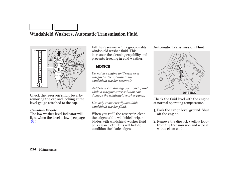 Windshield washers, automatic transmission fluid | Acura 2002 TL - Owner's Manual User Manual | Page 237 / 339