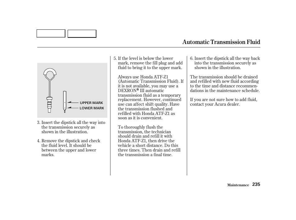 Automatic transmission fluid | Acura 2002 TL - Owner's Manual User Manual | Page 238 / 339