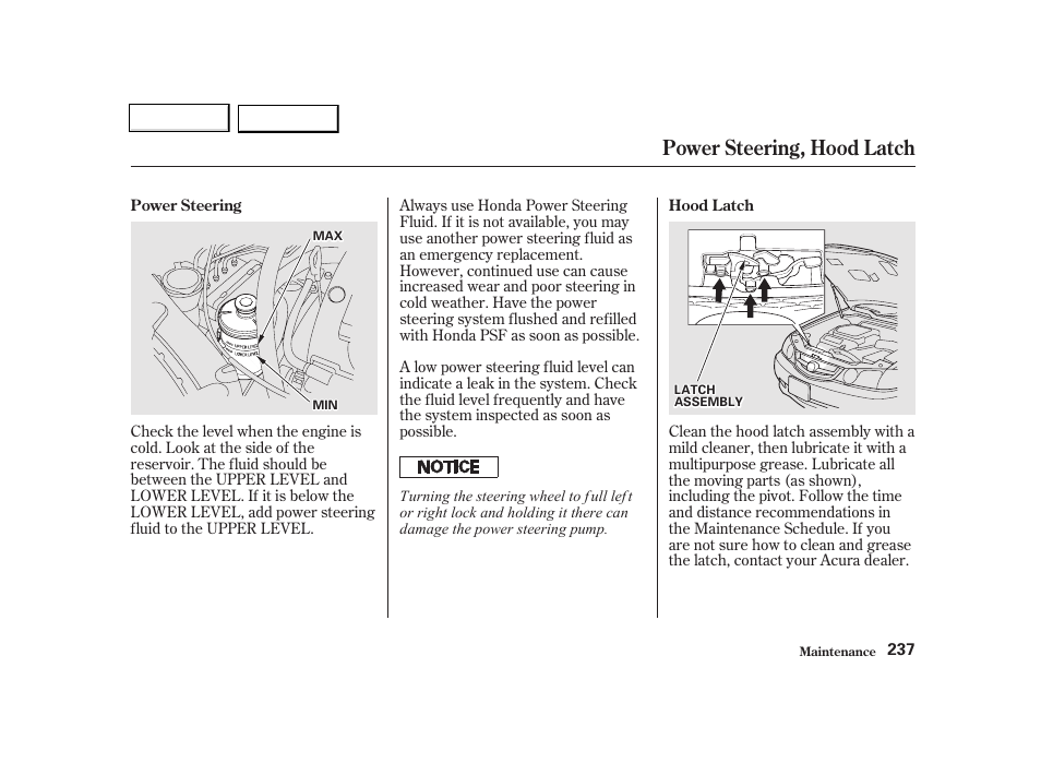 Power steering, hood latch | Acura 2002 TL - Owner's Manual User Manual | Page 240 / 339