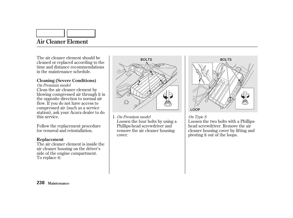 Air cleaner element | Acura 2002 TL - Owner's Manual User Manual | Page 241 / 339