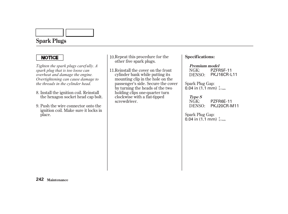 Spark plugs | Acura 2002 TL - Owner's Manual User Manual | Page 245 / 339