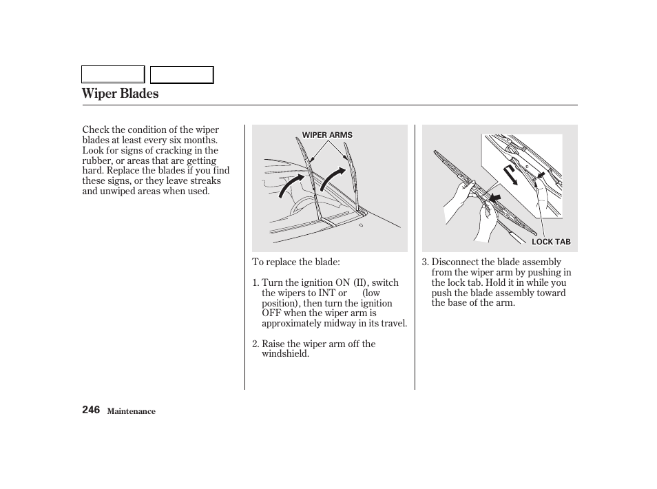 Wiper blades | Acura 2002 TL - Owner's Manual User Manual | Page 249 / 339
