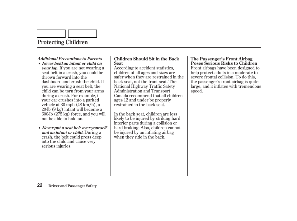 Protecting children | Acura 2002 TL - Owner's Manual User Manual | Page 25 / 339