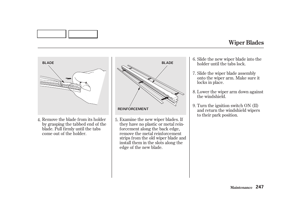 Wiper blades | Acura 2002 TL - Owner's Manual User Manual | Page 250 / 339