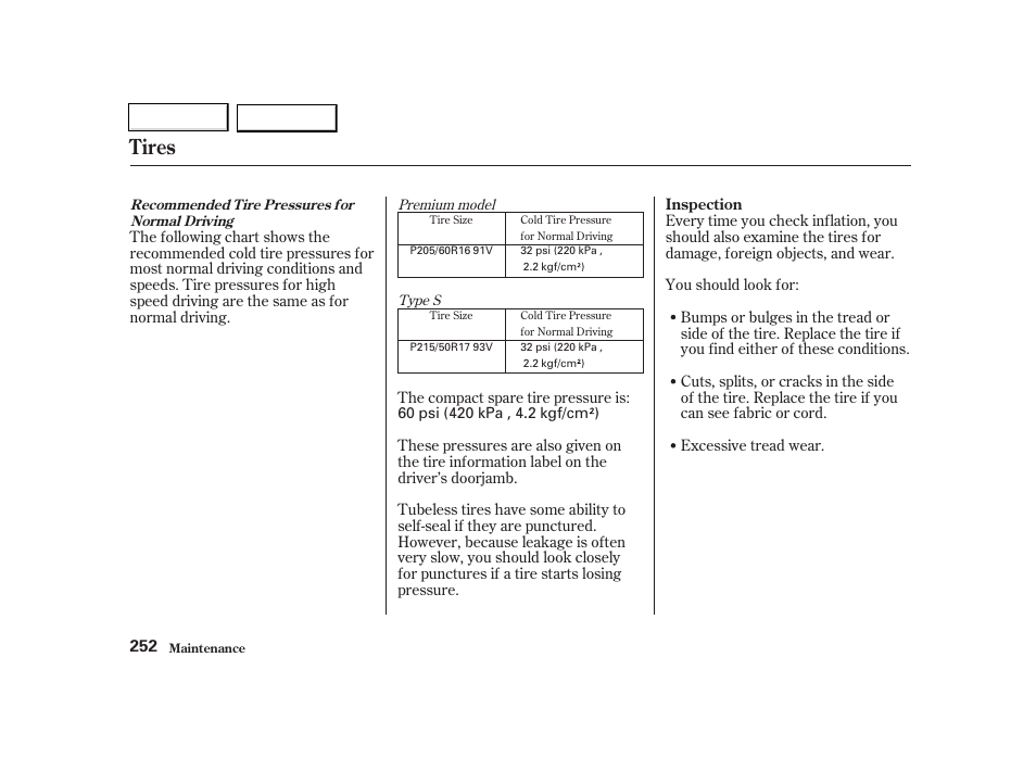 Tires | Acura 2002 TL - Owner's Manual User Manual | Page 255 / 339