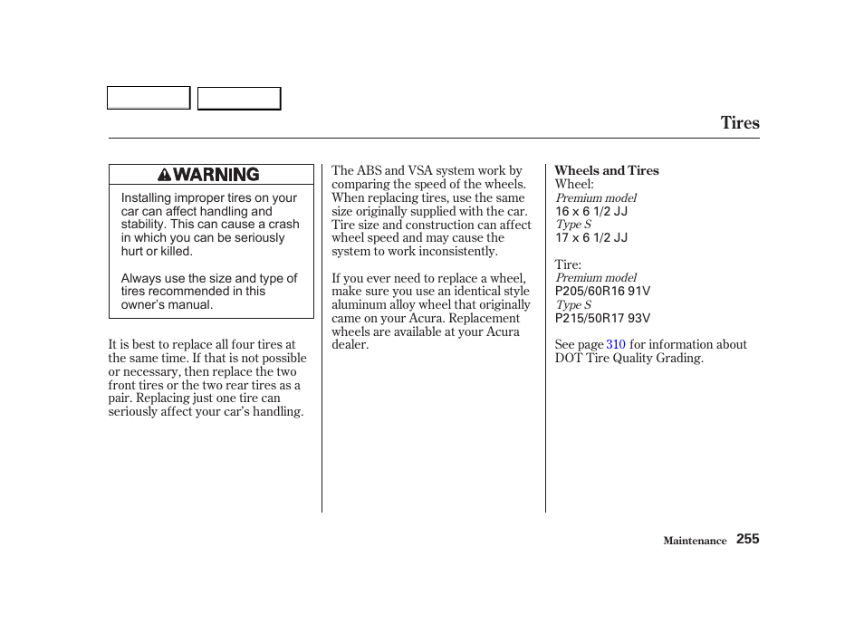 Tires | Acura 2002 TL - Owner's Manual User Manual | Page 258 / 339