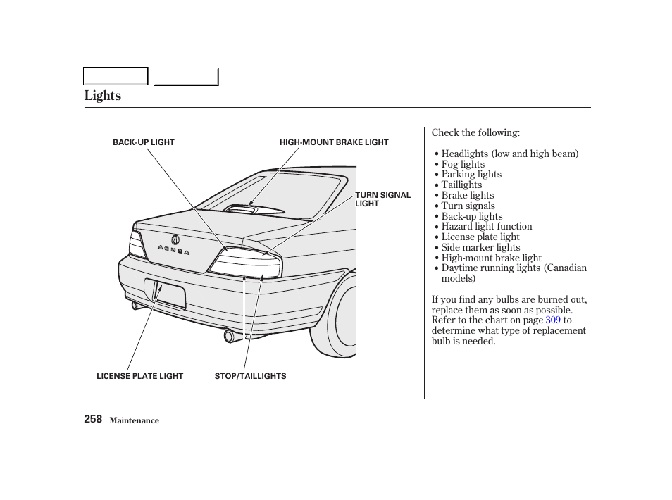 Lights | Acura 2002 TL - Owner's Manual User Manual | Page 261 / 339