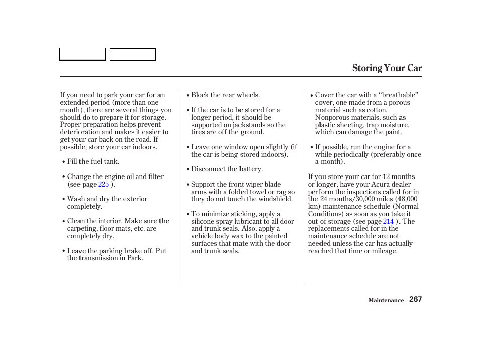 Storing your car | Acura 2002 TL - Owner's Manual User Manual | Page 270 / 339