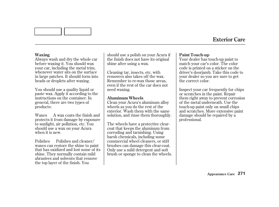 Exterior care | Acura 2002 TL - Owner's Manual User Manual | Page 274 / 339