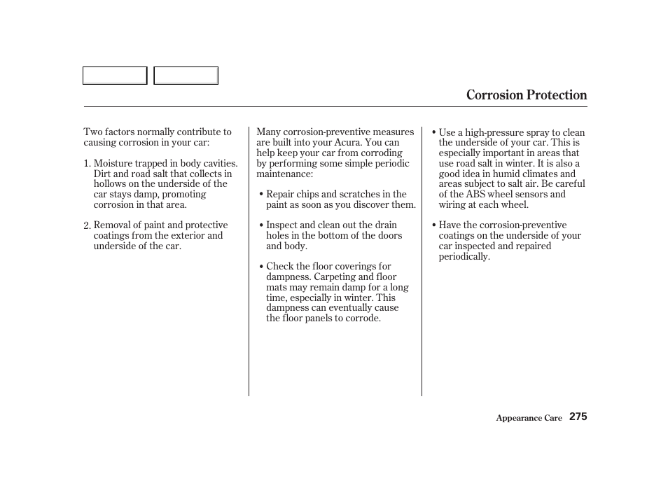 Corrosion protection | Acura 2002 TL - Owner's Manual User Manual | Page 278 / 339