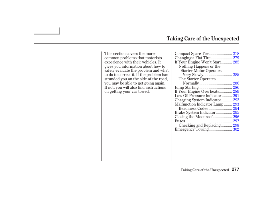 Taking care of the unexpected | Acura 2002 TL - Owner's Manual User Manual | Page 280 / 339