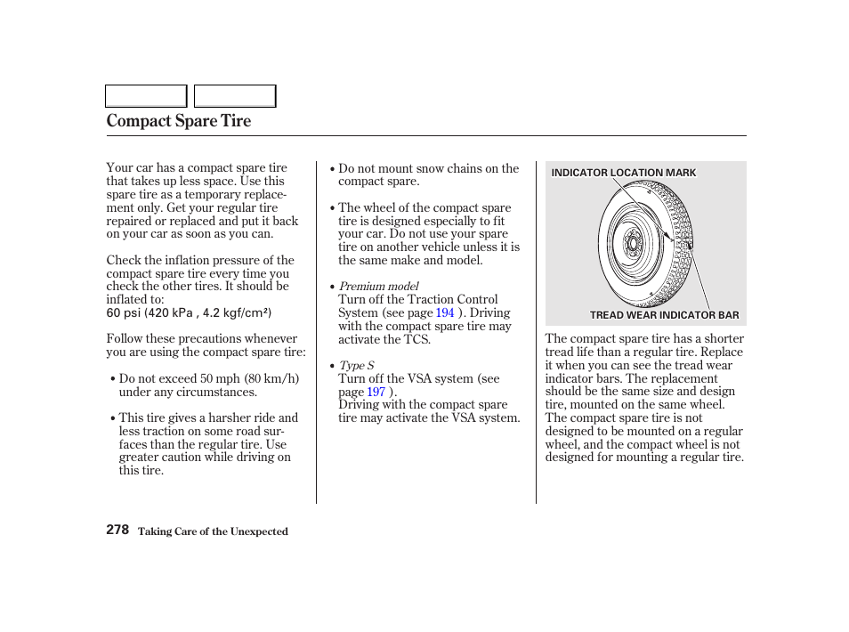 Compact spare tire | Acura 2002 TL - Owner's Manual User Manual | Page 281 / 339