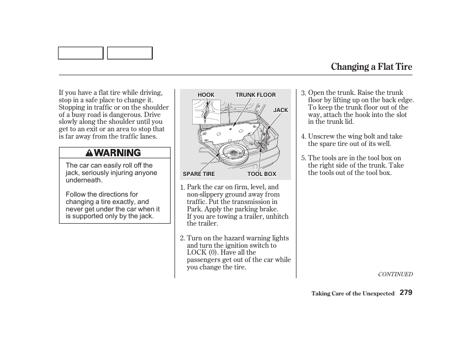 Changing a flat tire | Acura 2002 TL - Owner's Manual User Manual | Page 282 / 339