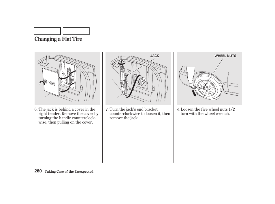 Changing a flat tire | Acura 2002 TL - Owner's Manual User Manual | Page 283 / 339