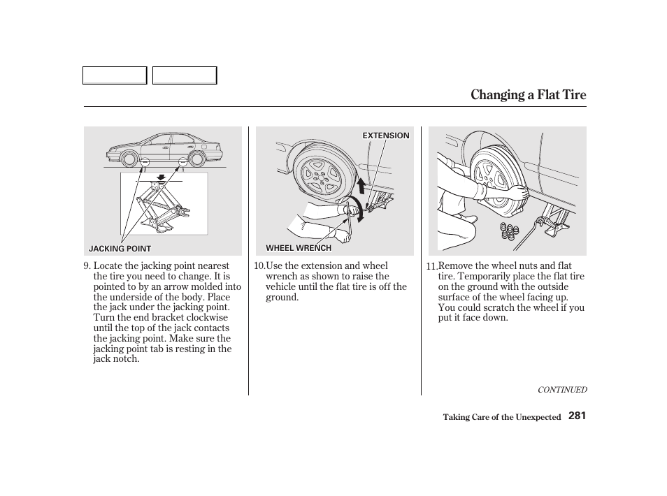 Changing a flat tire | Acura 2002 TL - Owner's Manual User Manual | Page 284 / 339