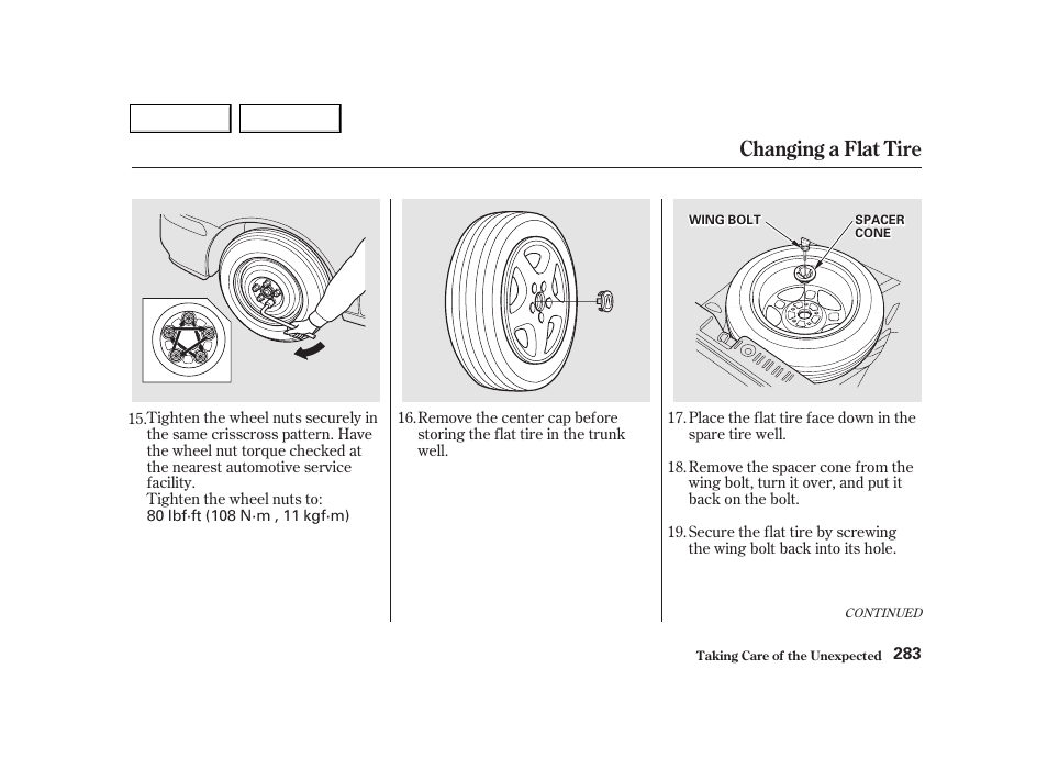 Changing a flat tire | Acura 2002 TL - Owner's Manual User Manual | Page 286 / 339