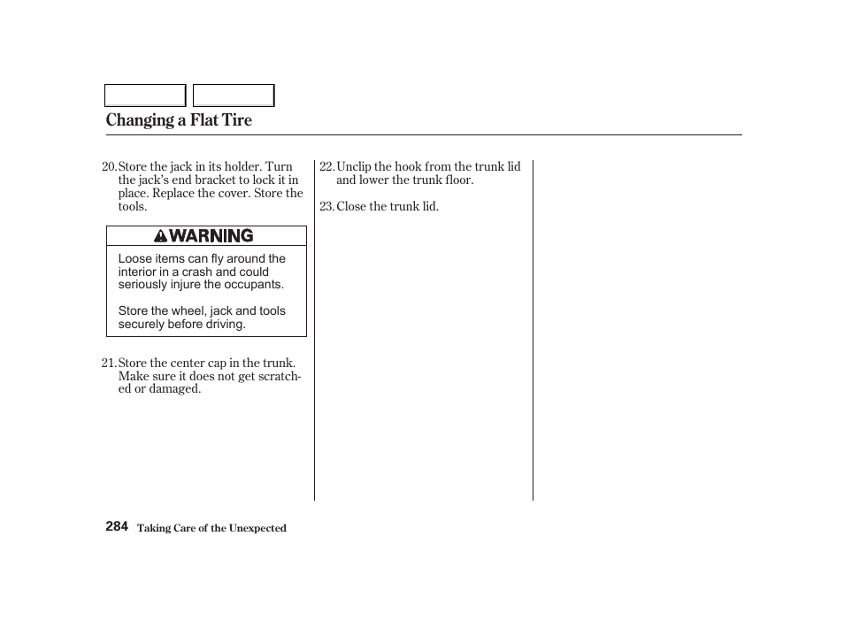 Changing a flat tire | Acura 2002 TL - Owner's Manual User Manual | Page 287 / 339