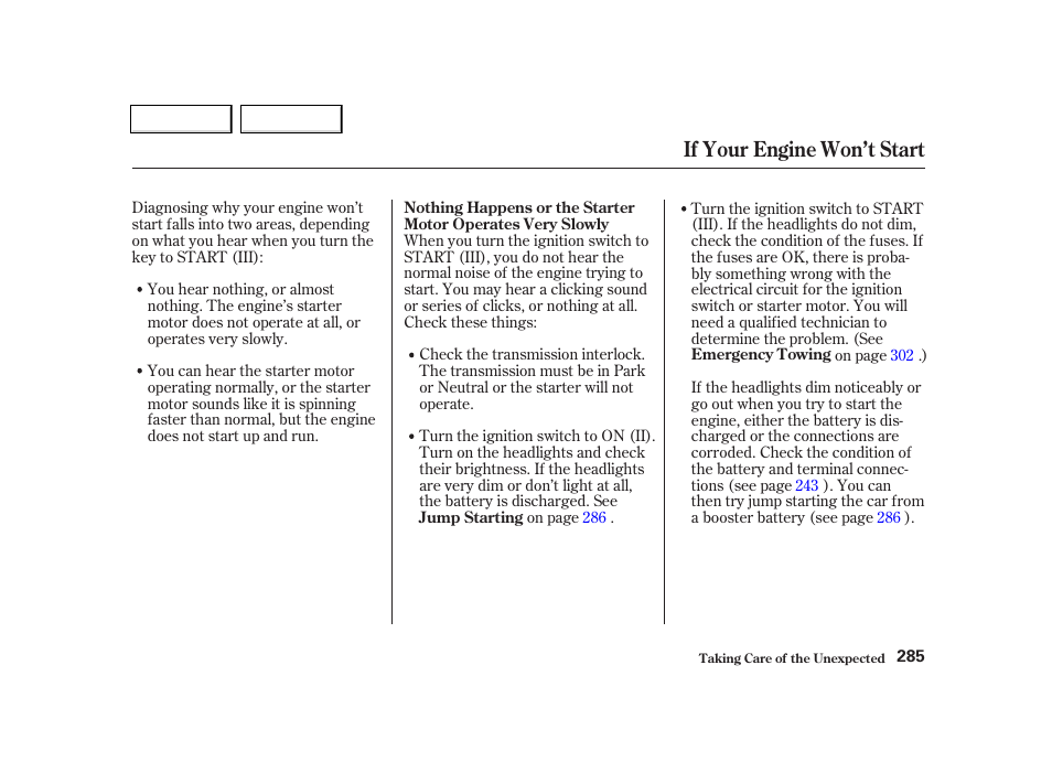 If your engine won’t start | Acura 2002 TL - Owner's Manual User Manual | Page 288 / 339