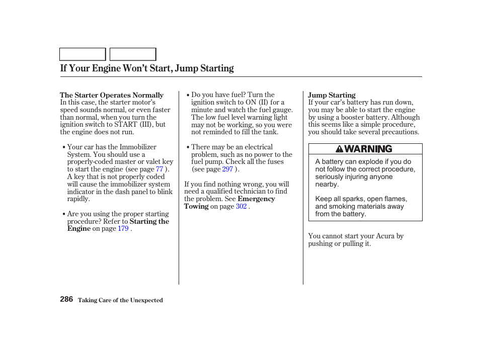 If your engine won’t start, jump starting | Acura 2002 TL - Owner's Manual User Manual | Page 289 / 339