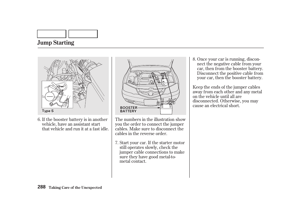 Jump starting | Acura 2002 TL - Owner's Manual User Manual | Page 291 / 339