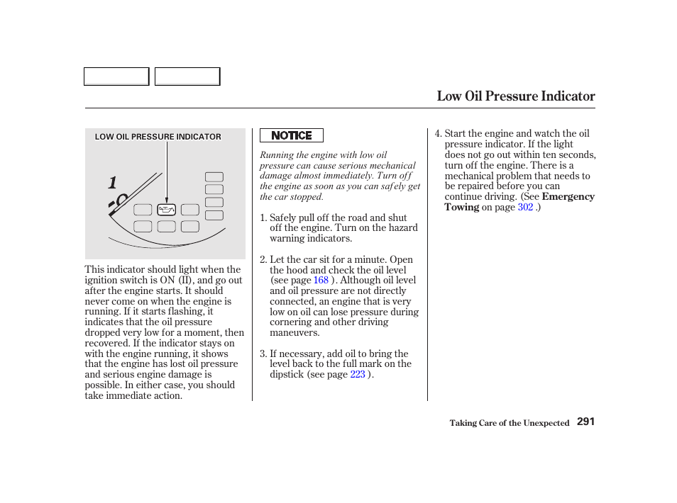 Low oil pressure indicator | Acura 2002 TL - Owner's Manual User Manual | Page 294 / 339