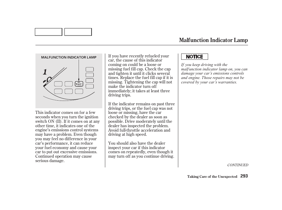 Malfunction indicator lamp | Acura 2002 TL - Owner's Manual User Manual | Page 296 / 339