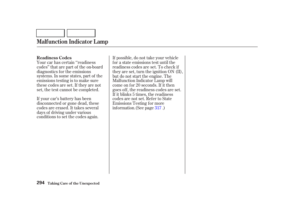 Malfunction indicator lamp | Acura 2002 TL - Owner's Manual User Manual | Page 297 / 339