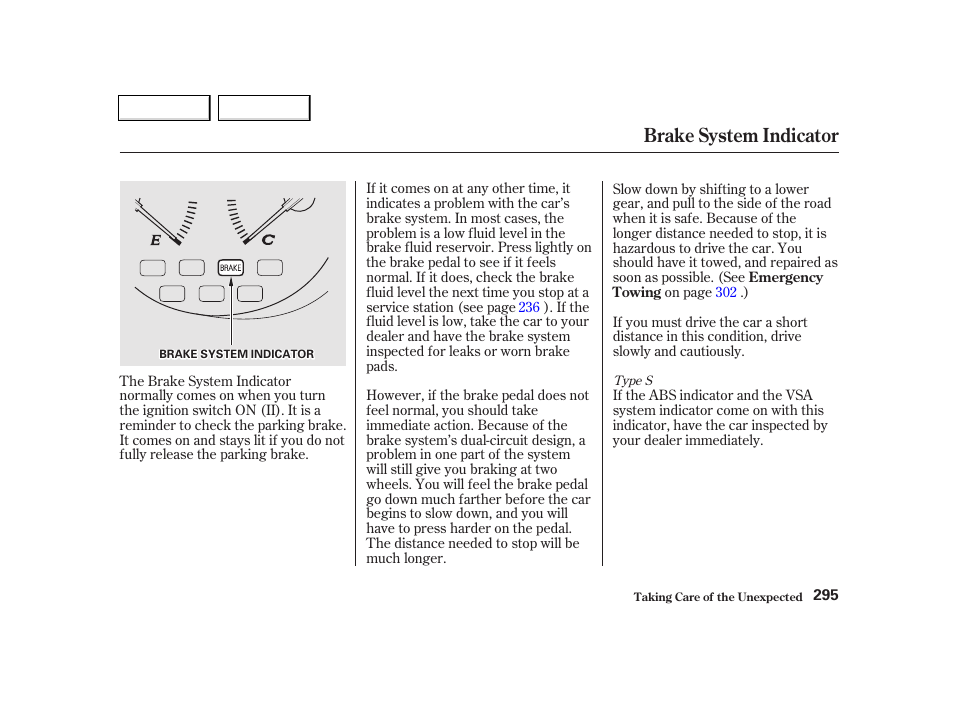 Brake system indicator | Acura 2002 TL - Owner's Manual User Manual | Page 298 / 339