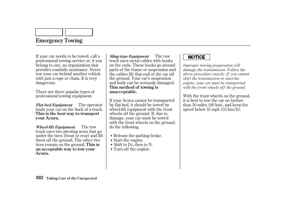 Emergency towing | Acura 2002 TL - Owner's Manual User Manual | Page 305 / 339